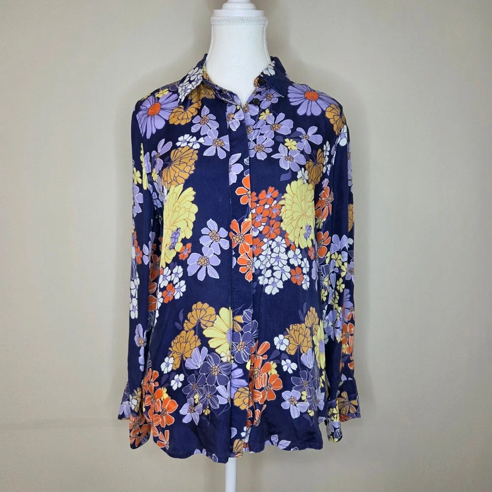 J. Crew Sustainable Cupro Floral‎ Blouse Dark Purple Hidden Placket Size 4